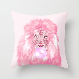 Lion Chewing Bubble Gum in Pink Throw Pillow