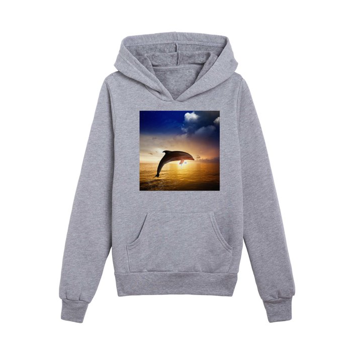 Dramatic Coastal Sunset On The Water With Jumping Bottle Noise Dolphin - Animal / Wildlife / Nature Photograph Kids Pullover Hoodie