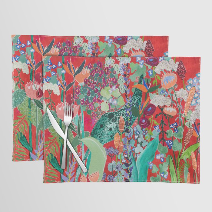 Red floral Jungle Garden Botanical featuring Proteas, Reeds, Eucalyptus, Ferns and Birds of Paradise Placemat