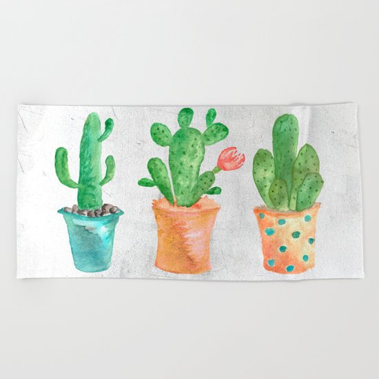 Three Green Cacti Watercolor White Beach Towel