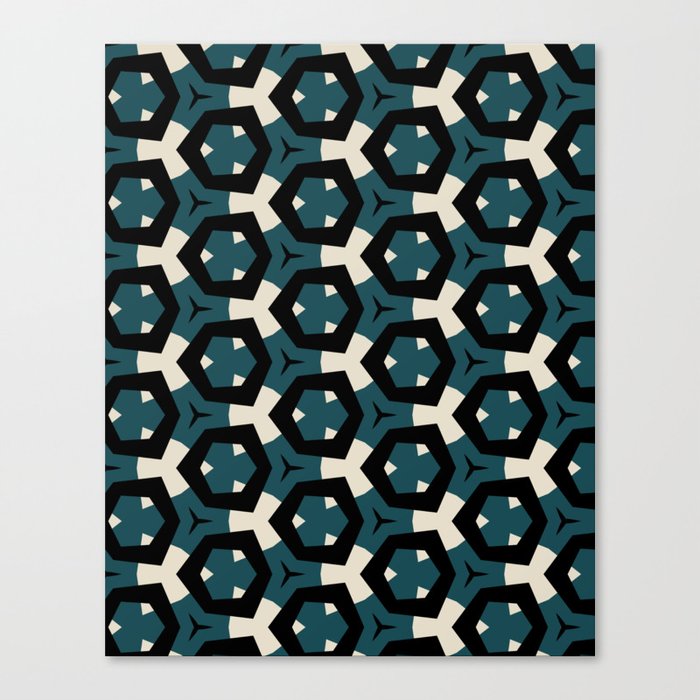 Modern, abstract, geometric pattern with hexagon shapes in deep sea green, bone, tan and black Canvas Print
