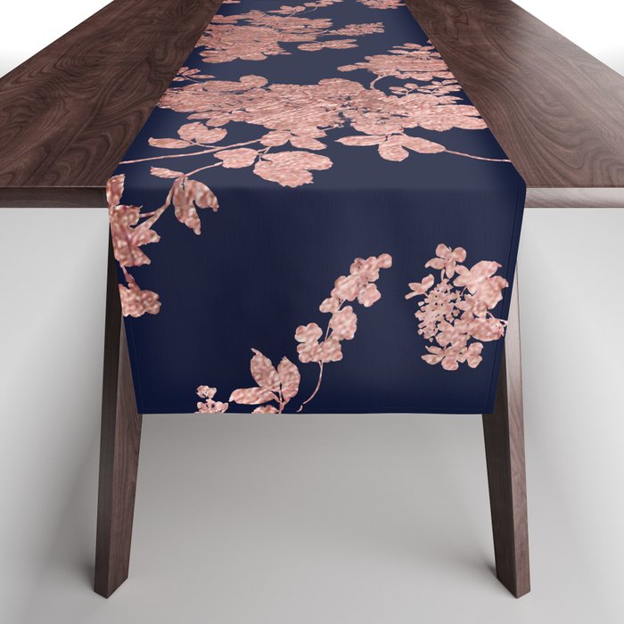 Modern elegant navy blue faux rose gold floral Table Runner by Pink Water