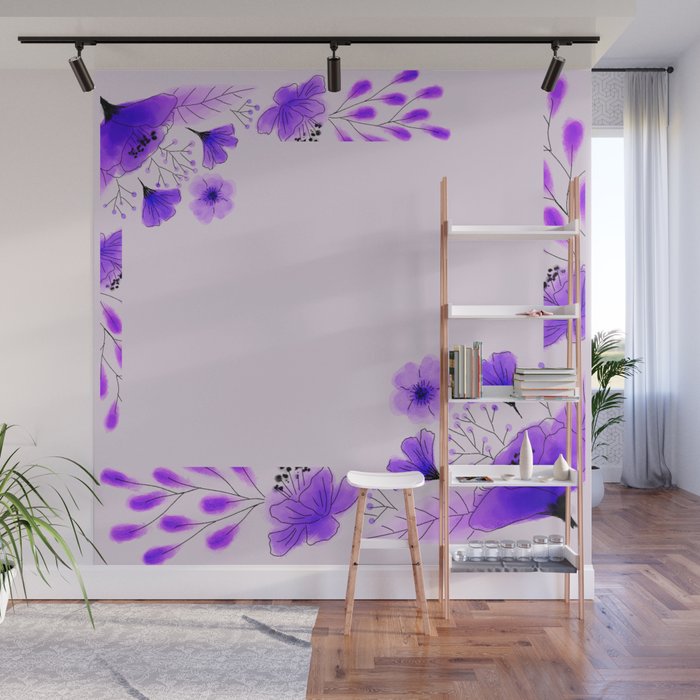 Decorative Seamless Pattern with Watercolor Flower Border on Pale Lilac Background Wall Mural