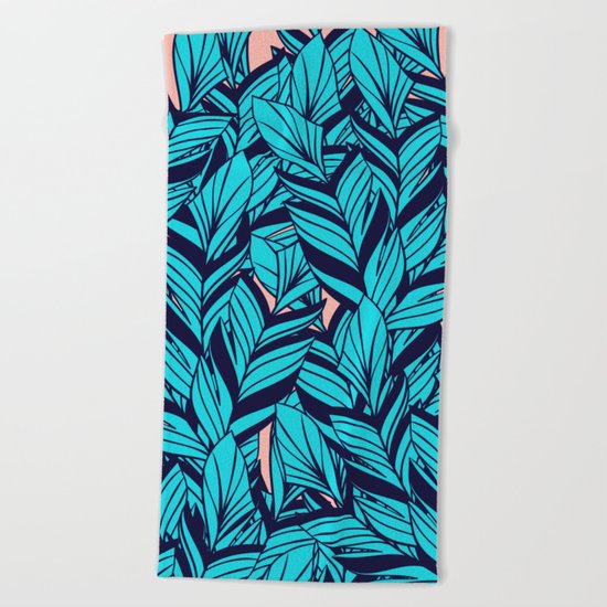 Blue Banana Leaf Pattern Beach Towel