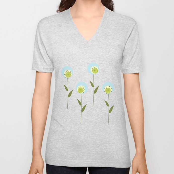 Mid-Century Modern Atomic Flowers in Yellow Green V Neck T Shirt