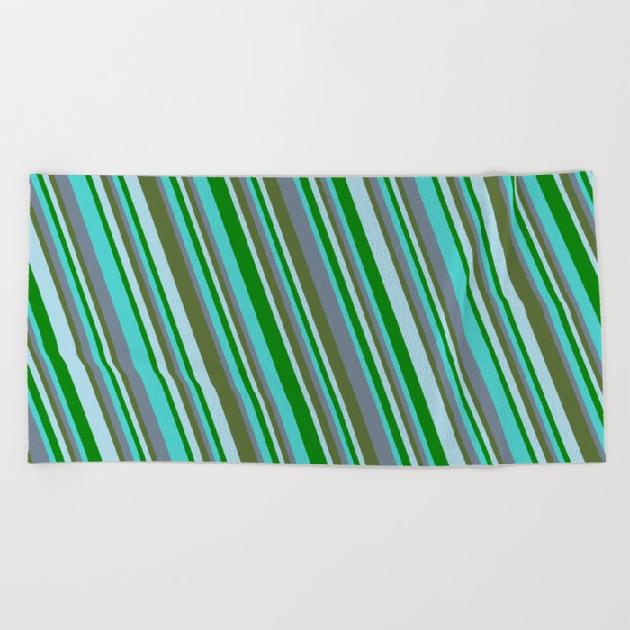 Turquoise, Slate Gray, Dark Olive Green, Light Blue, and Green Colored Striped/Lined Pattern Beach Towel
