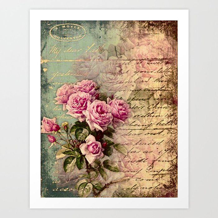 French Country Chic Rustic Collage Roses Vintage Parchment