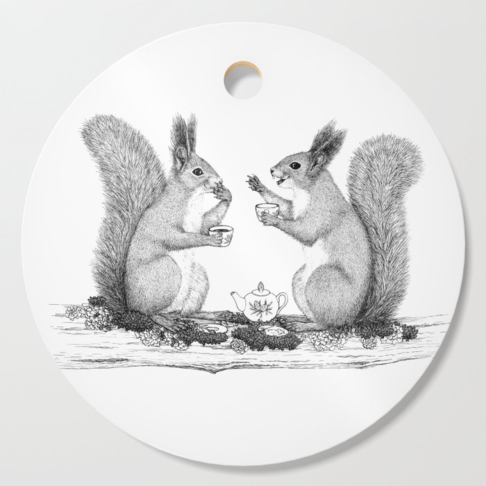 Squirrels drinking tea and chatting Cutting Board