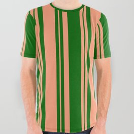 [ Thumbnail: Dark Green and Light Salmon Colored Lines Pattern All Over Graphic Tee ]