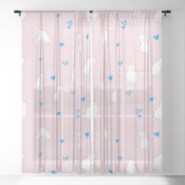 Sleeping Cats With Hearts Pattern/Pink Background Sheer Curtain