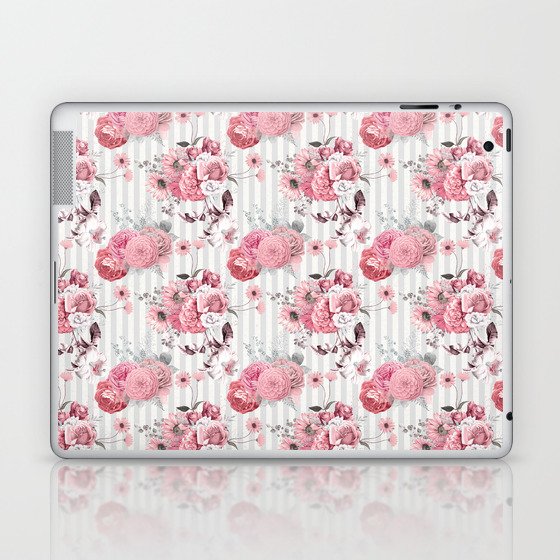 Vintage Striped Pink Floral Pattern Laptop & iPad Skin