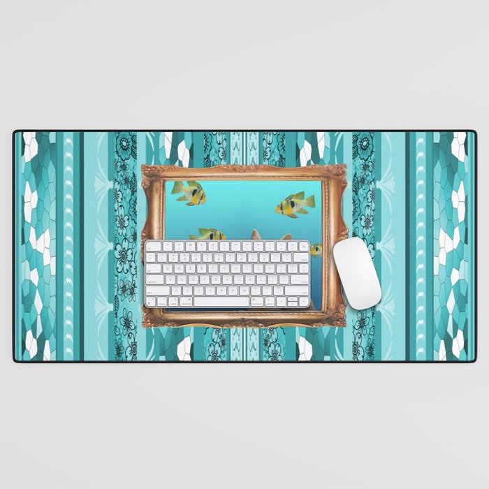 kitty cat barock frame tropical fishes turquoise Desk Mat