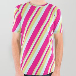 [ Thumbnail: Tan, Light Cyan & Deep Pink Colored Striped Pattern All Over Graphic Tee ]