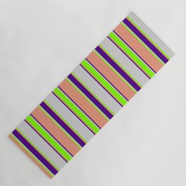 [ Thumbnail: Light Grey, Chartreuse, Dark Salmon, and Indigo Colored Striped/Lined Pattern Yoga Mat ]