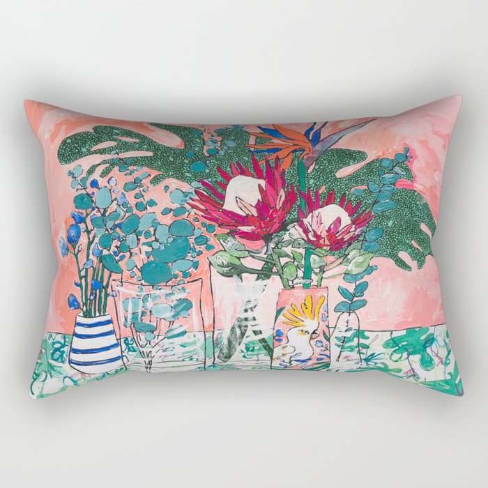 Cockatoo Vase - Bouquet of Flowers on Coral and Jungle Rectangular Pillow