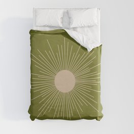 Mid-Century Modern Sunburst II - Minimalist Sun in Mid Mod Beige and Olive Green Duvet Cover