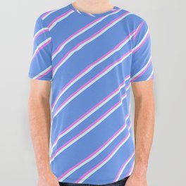[ Thumbnail: Cornflower Blue, Violet, and Light Cyan Colored Lined Pattern All Over Graphic Tee ]