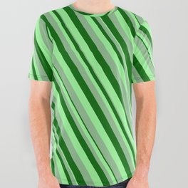 [ Thumbnail: Dark Sea Green, Dark Green & Green Colored Lines/Stripes Pattern All Over Graphic Tee ]