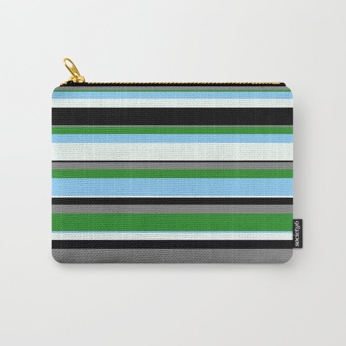 Gray, Forest Green, Light Sky Blue, Mint Cream & Black Colored Lines/Stripes Pattern Carry-All Pouch