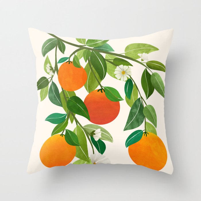Oranges and Blossoms Tropical Fruit Painting Throw Pillow
