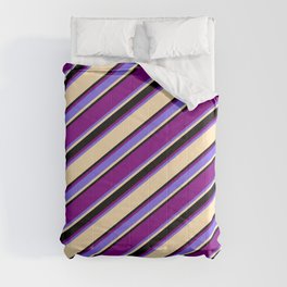 [ Thumbnail: Purple, Medium Slate Blue, Beige, and Black Colored Striped/Lined Pattern Comforter ]