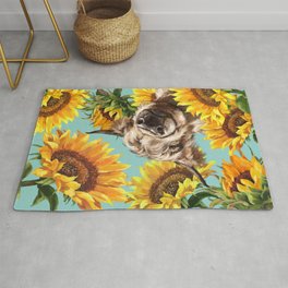 Highland Cow with Sunflowers in Blue Area & Throw Rug