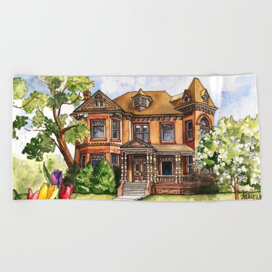 Victorian Mansion in the Spring Beach Towel