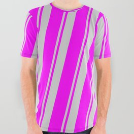 [ Thumbnail: Light Gray and Fuchsia Colored Striped/Lined Pattern All Over Graphic Tee ]