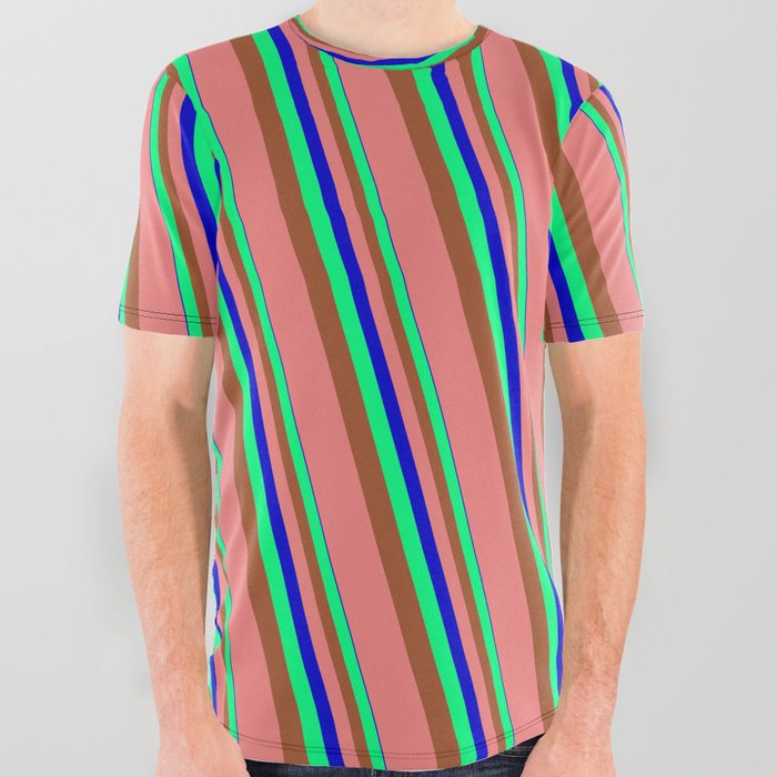 Blue, Green, Sienna & Light Coral Colored Striped/Lined Pattern All Over Graphic Tee
