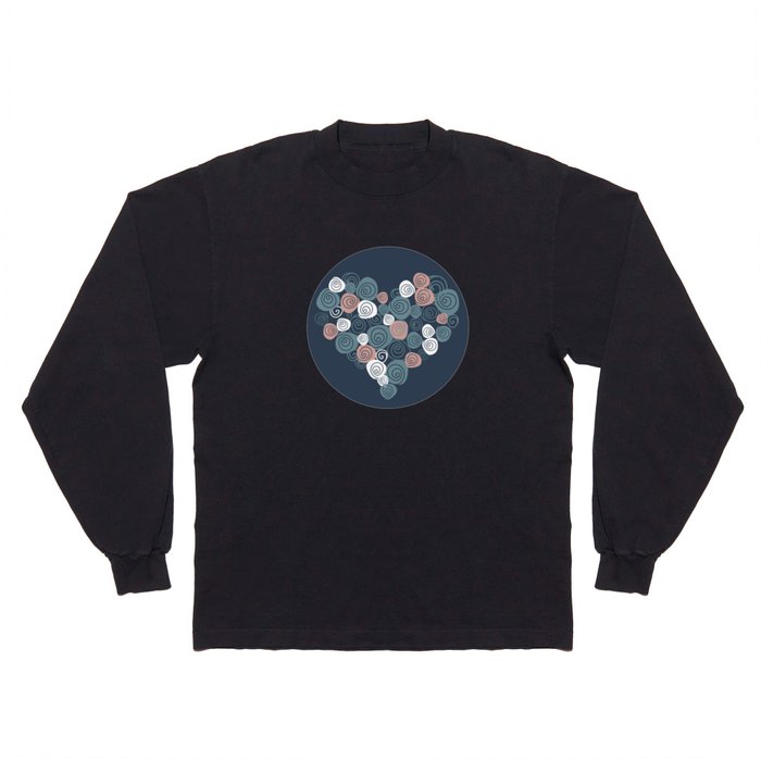 Rose hearts blue pastel pink and white on dark blue background Long Sleeve T Shirt