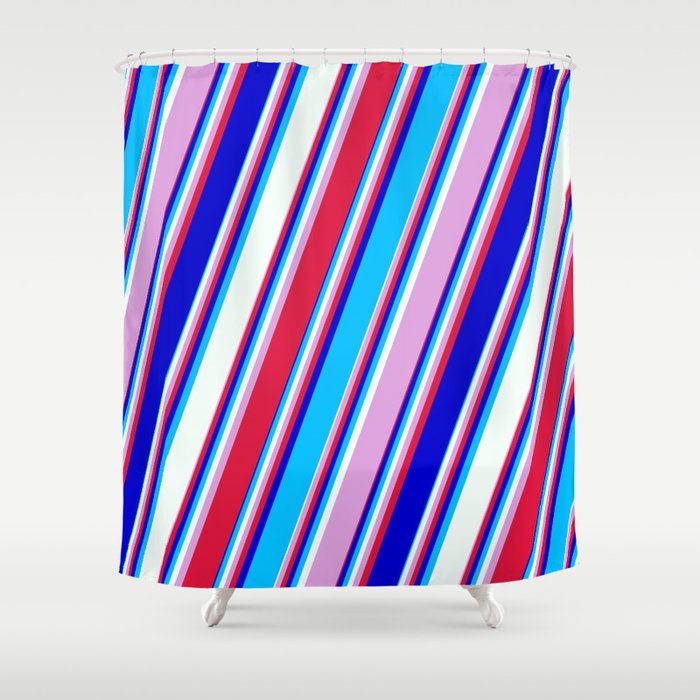 Colorful Plum, Crimson, Blue, Deep Sky Blue, and Mint Cream Colored Lined/Striped Pattern Shower Curtain