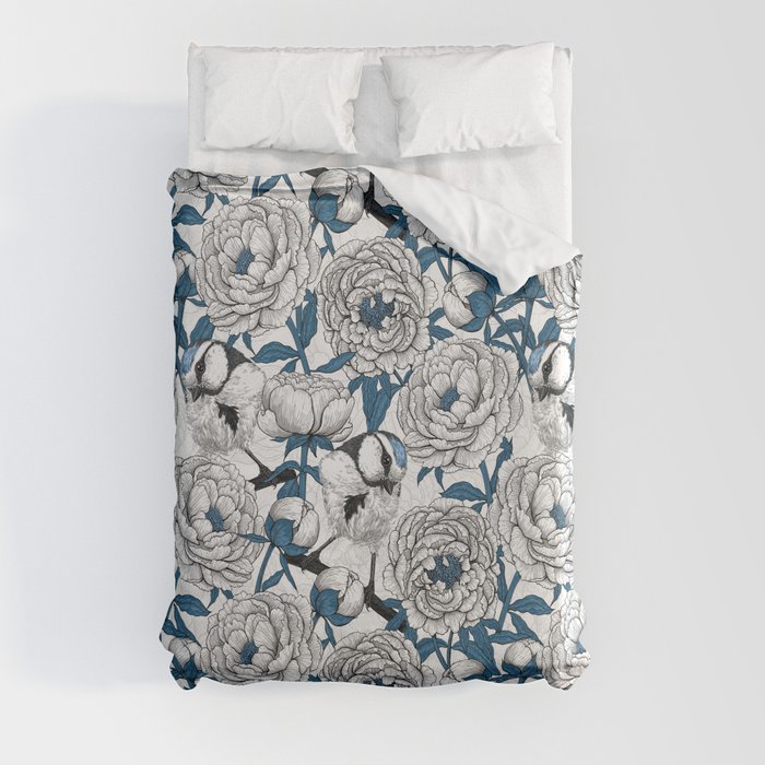 White peonies and blue tit birds Duvet Cover