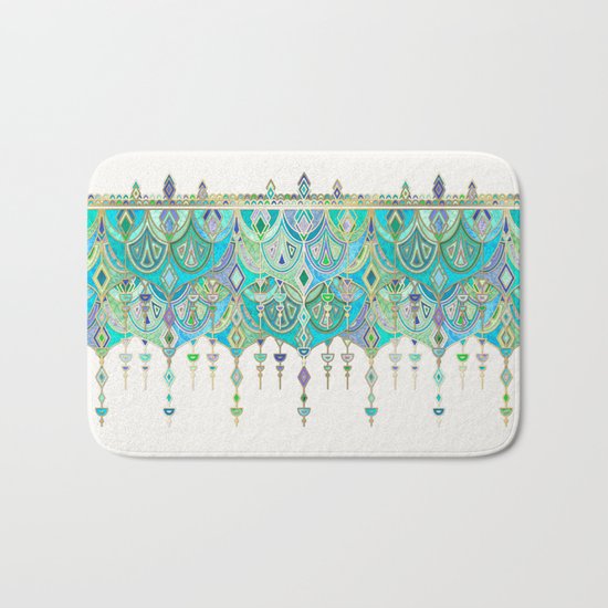 Art Deco Double Drop in Jade and Aquamarine on Cream Bath Mat