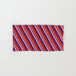 [ Thumbnail: Light Coral, Midnight Blue, and Red Colored Stripes/Lines Pattern Hand & Bath Towel ]