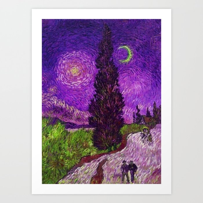 Road with Cypress and Star; Country Road in Provence by Night, oil-on-canvas post-impressionist landscape painting by Vincent van Gogh in alternate purple twilight sky Art Print