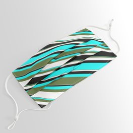 [ Thumbnail: Cyan, Dark Olive Green, White, and Black Colored Lined/Striped Pattern Face Mask ]