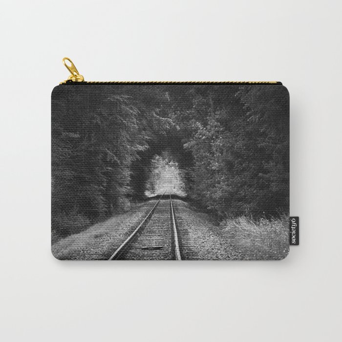 Don't go riding on the long black train; lonely railroad tracks through natural tunnel of leafy trees black and white photograph - photography - photographs Carry-All Pouch