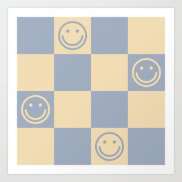 Cute Smiley Faces on Checkerboard \\ Neutral Color Palette Art Print