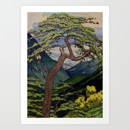 The Downwards Climbing - Summer Tree & Mountain Ukiyoe Nature Landscape in Green Kunstdrucke | Clouds, Pink, Print, Landscape, Digital, Illustration, Ukiyoe, Curated, Green, Vintage 