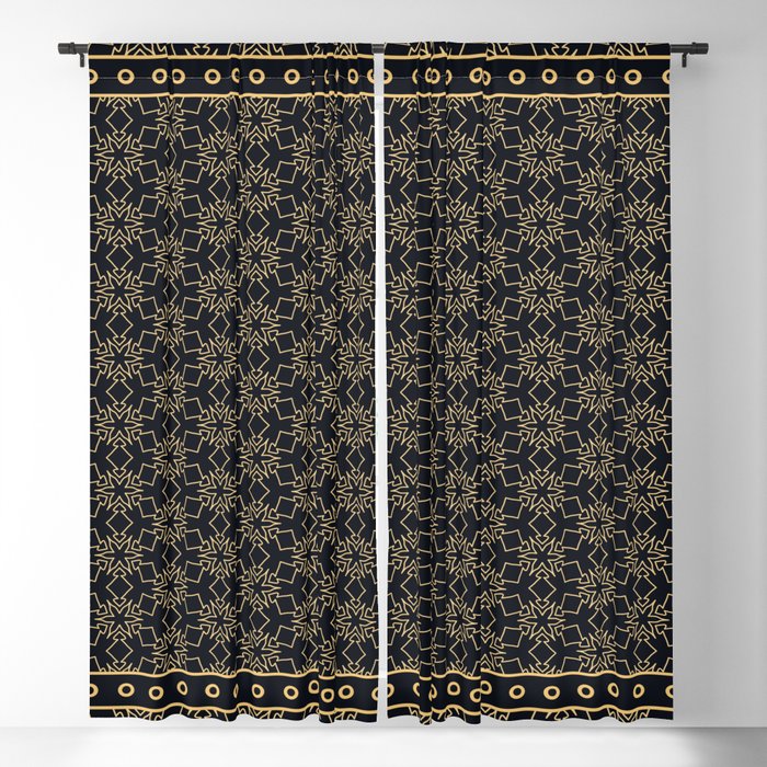 Black and gold abstract graphic pattern. Geometric ornament with frame, border. Line art, lace, embroidery background. Bandanna, shawl, scarf, tablecloth design Blackout Curtain