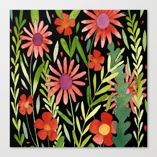Flower Burst Orange and Black, floral pattern design Canvas Print