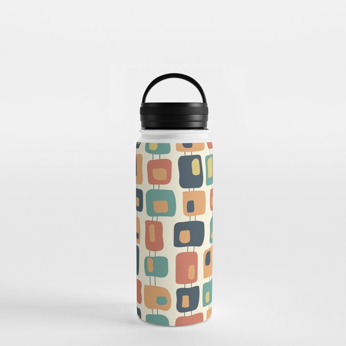 Funky Retro Squares Pattern Charcoal, Teal, Orange and Yellow Water Bottle