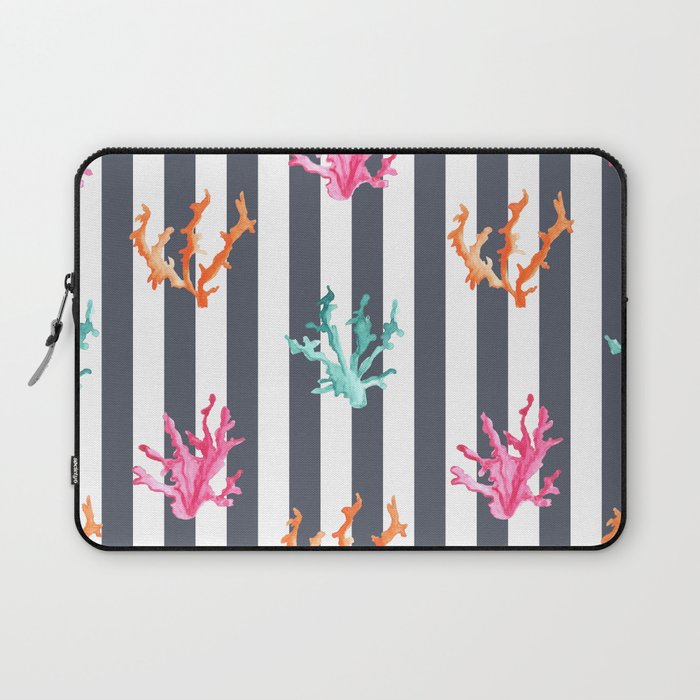 Colorful Coral Reef on Dark Gray Stripes Laptop Sleeve