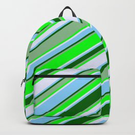 [ Thumbnail: Eye-catching Dark Sea Green, Lime, Lavender, Light Sky Blue, and Dark Green Colored Stripes Pattern Backpack ]