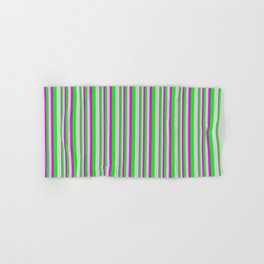 [ Thumbnail: Fuchsia, Lime, and Light Grey Colored Lined/Striped Pattern Hand & Bath Towel ]