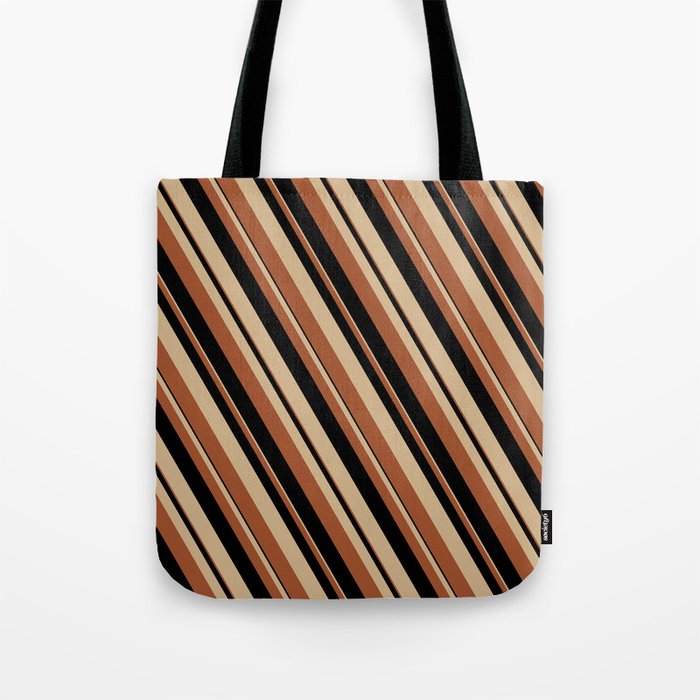 Tan, Sienna & Black Colored Lines/Stripes Pattern Tote Bag