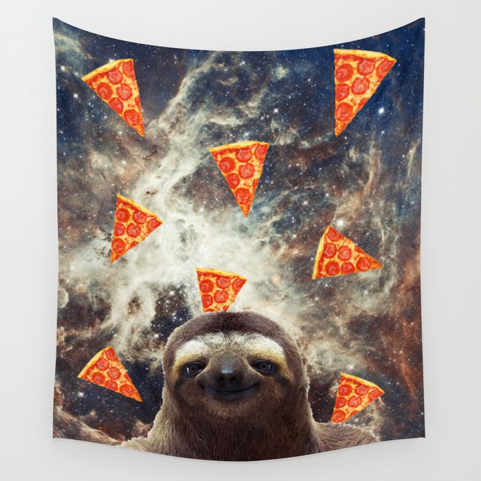 Sloth in flying pizza space Wall Tapestry