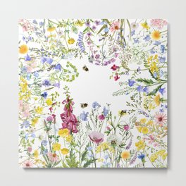 Scandinavian Midsummer Watercolor Wildflowers Meadow Frame Metal Print
