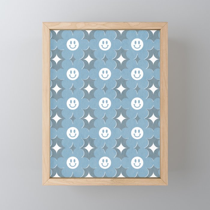 Retro happy smiley blooms pattern  # summer pale blue Framed Mini Art Print