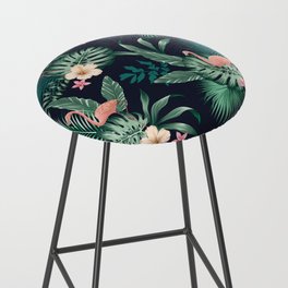  seamless tropical pattern with lush foliage, flowers, pink flamingos. Exotic floral design with monstera leaves, areca palm leaf, hibiscus, frangipani.  Bar Stool